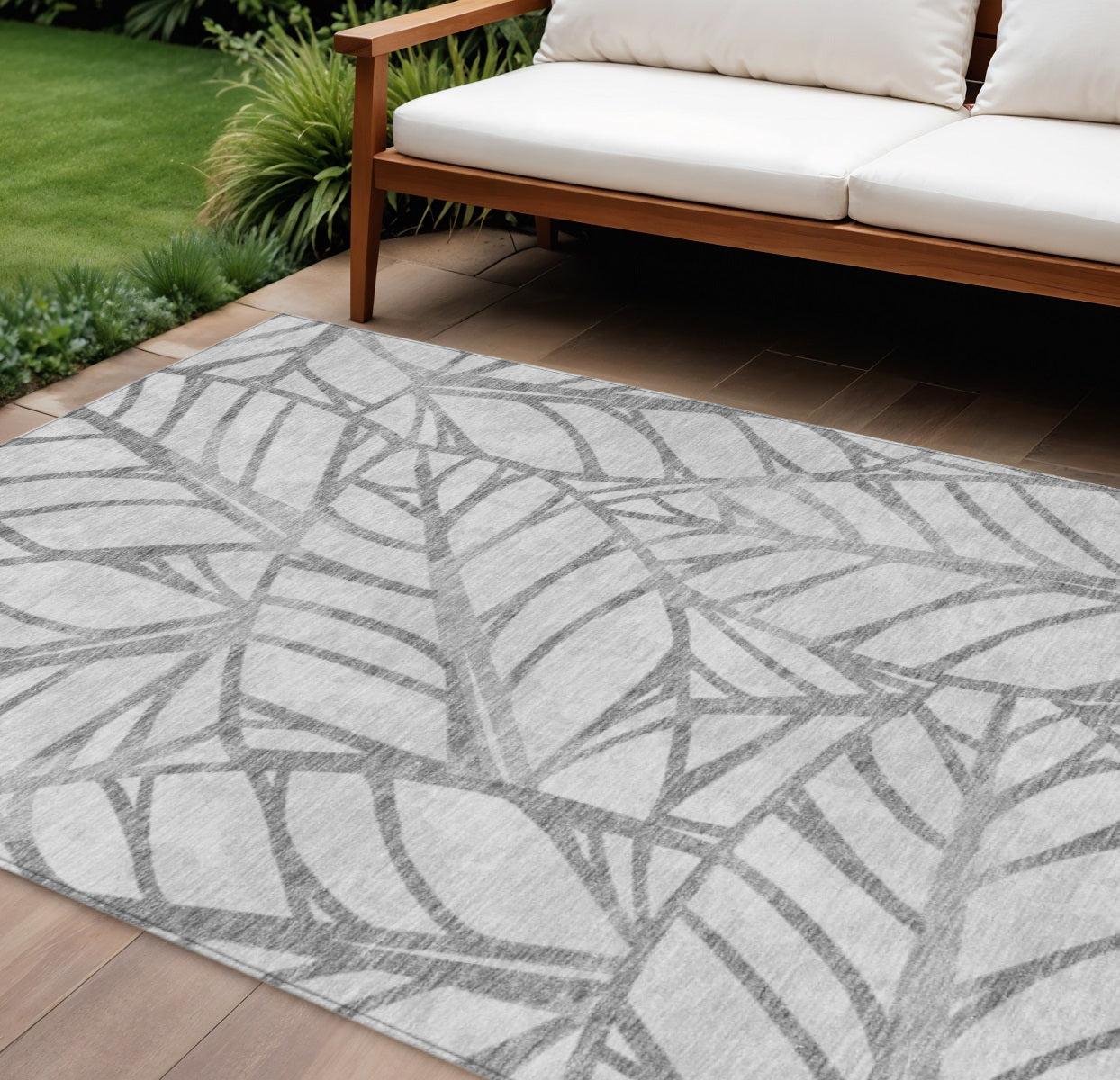 10 X 14 Gray And Silver Floral Washable Indoor Outdoor Area Rug