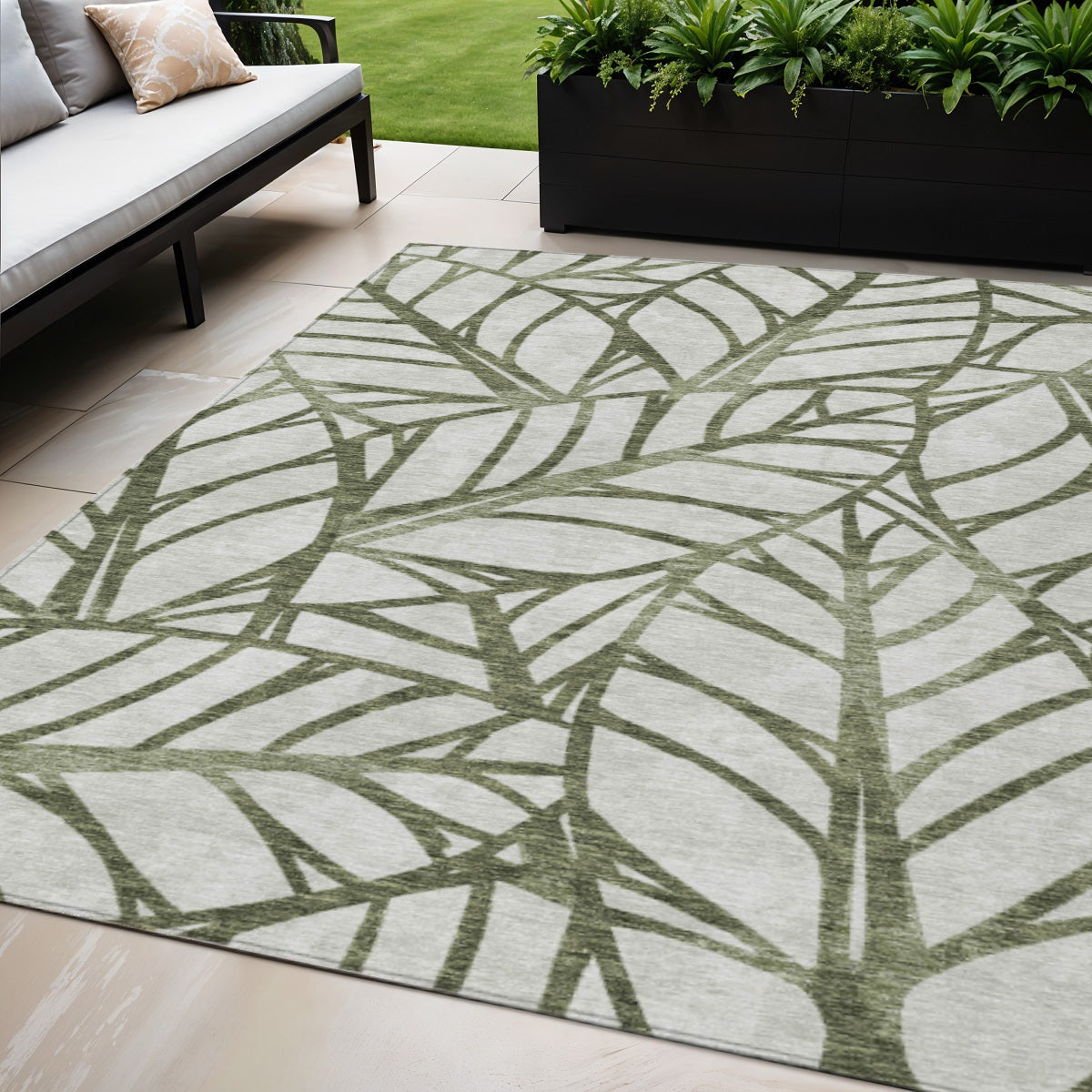 5 X 8 Olive Green And Beige Floral Washable Indoor Outdoor Area Rug