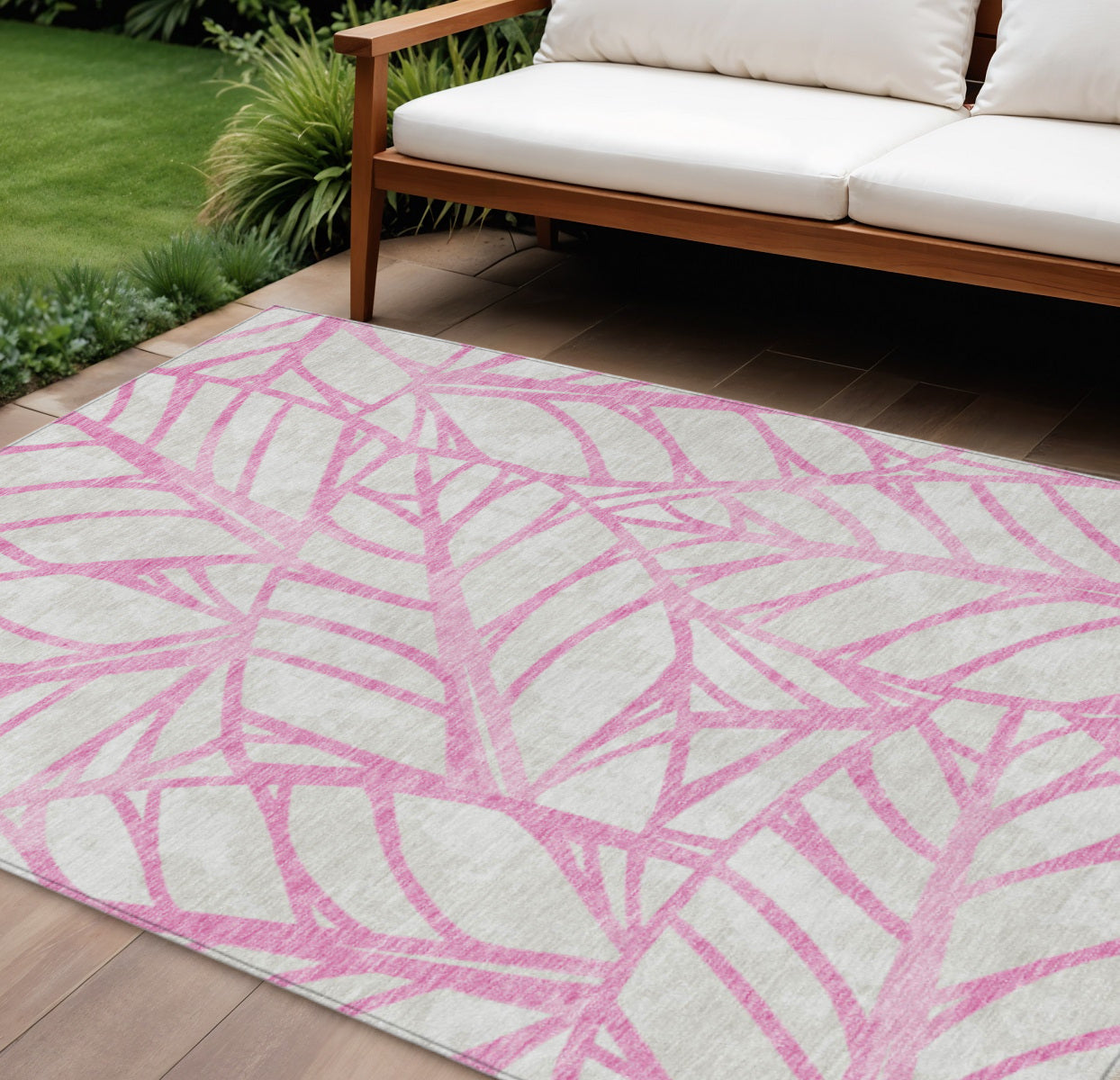 10 X 14 Pink And Beige Floral Washable Indoor Outdoor Area Rug