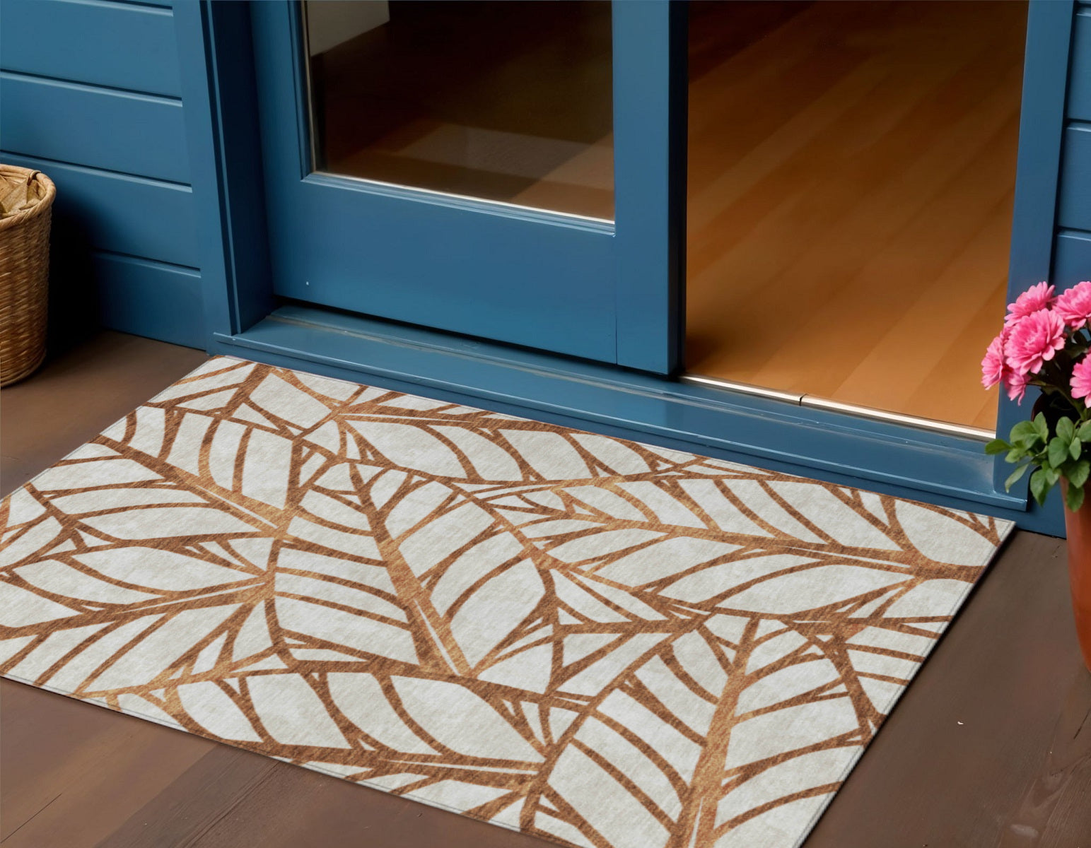 3 X 5 Orange Beige And Copper Floral Washable Indoor Outdoor Area Rug