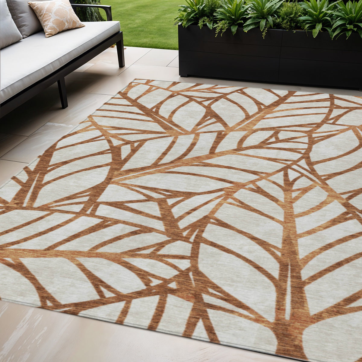 5 X 8 Orange Beige And Copper Floral Washable Indoor Outdoor Area Rug