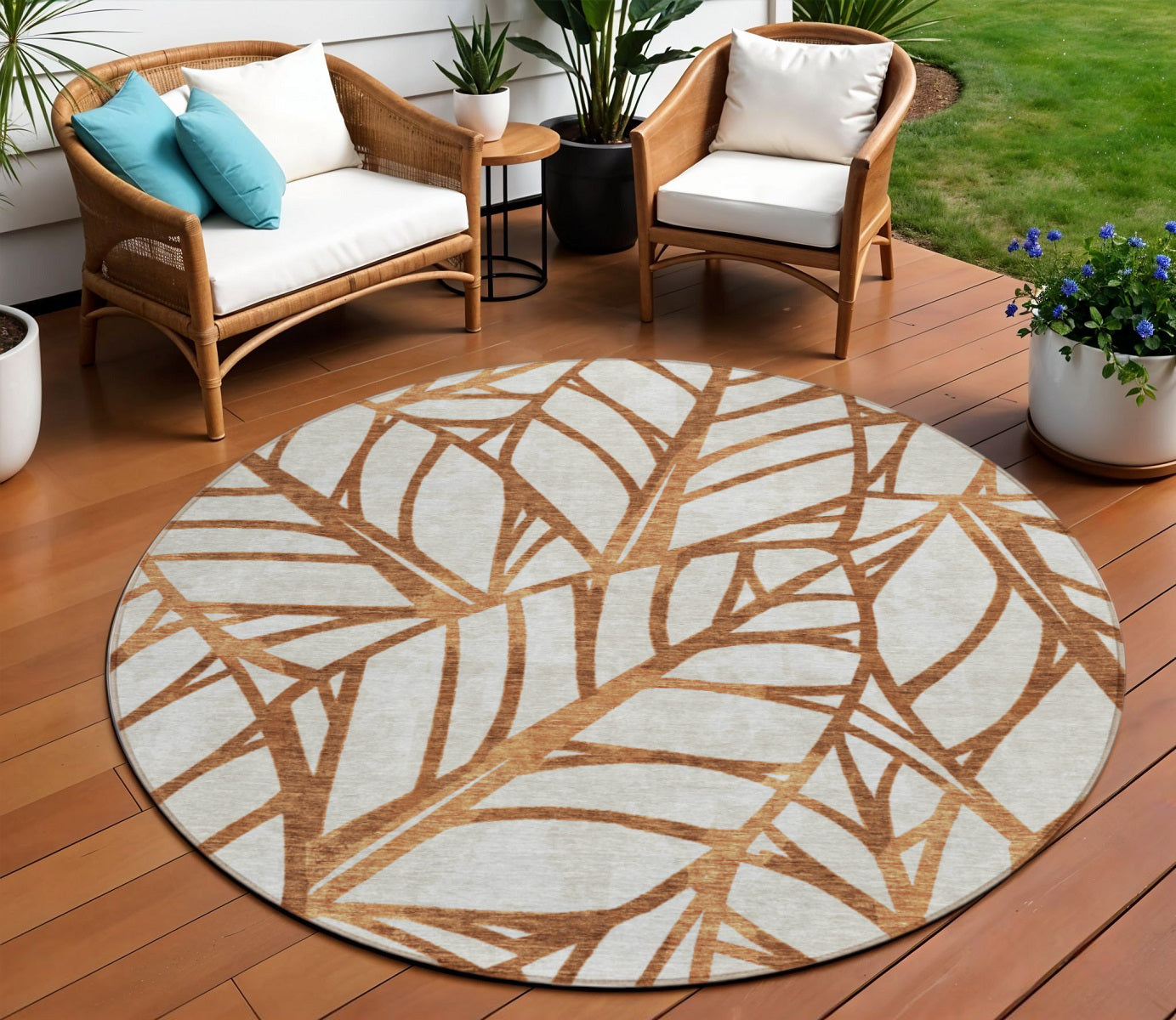 8 Orange Beige And Copper Round Floral Washable Indoor Outdoor Area Rug