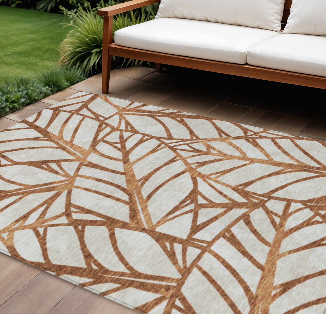 9 X 12 Orange Beige And Copper Floral Washable Indoor Outdoor Area Rug