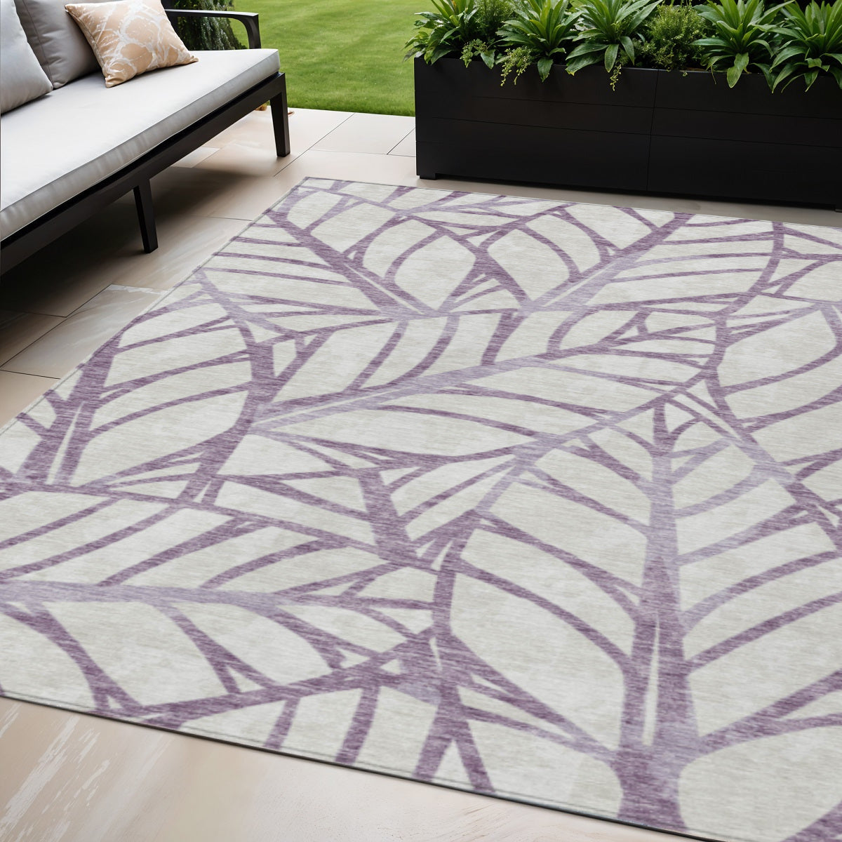 5 X 8 Purple Lavender And Beige Floral Washable Indoor Outdoor Area Rug