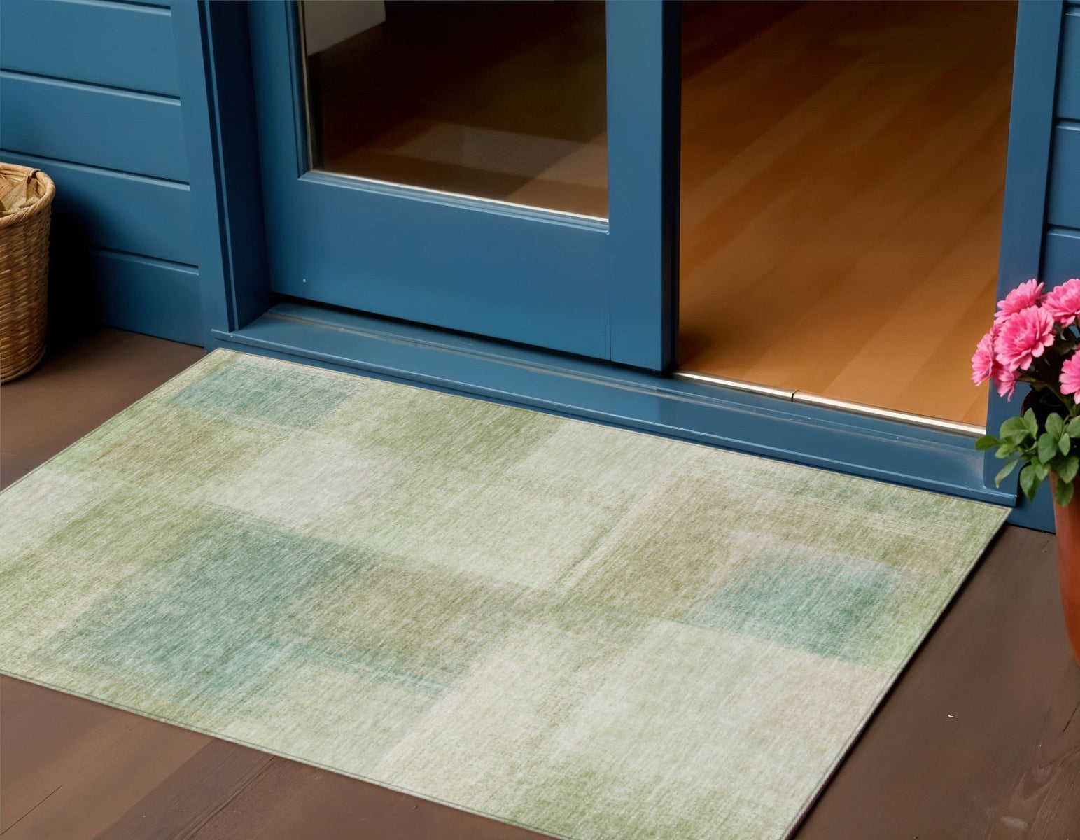 3 X 5 Artichoke Green And Beige Abstract Washable Indoor Outdoor Area Rug