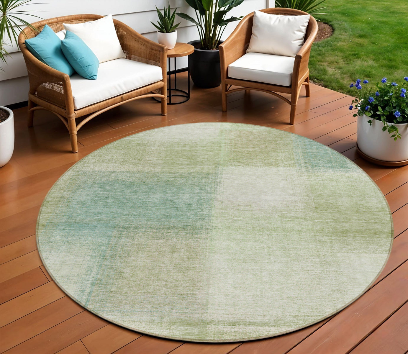 8 Artichoke Green And Beige Round Abstract Washable Indoor Outdoor Area Rug