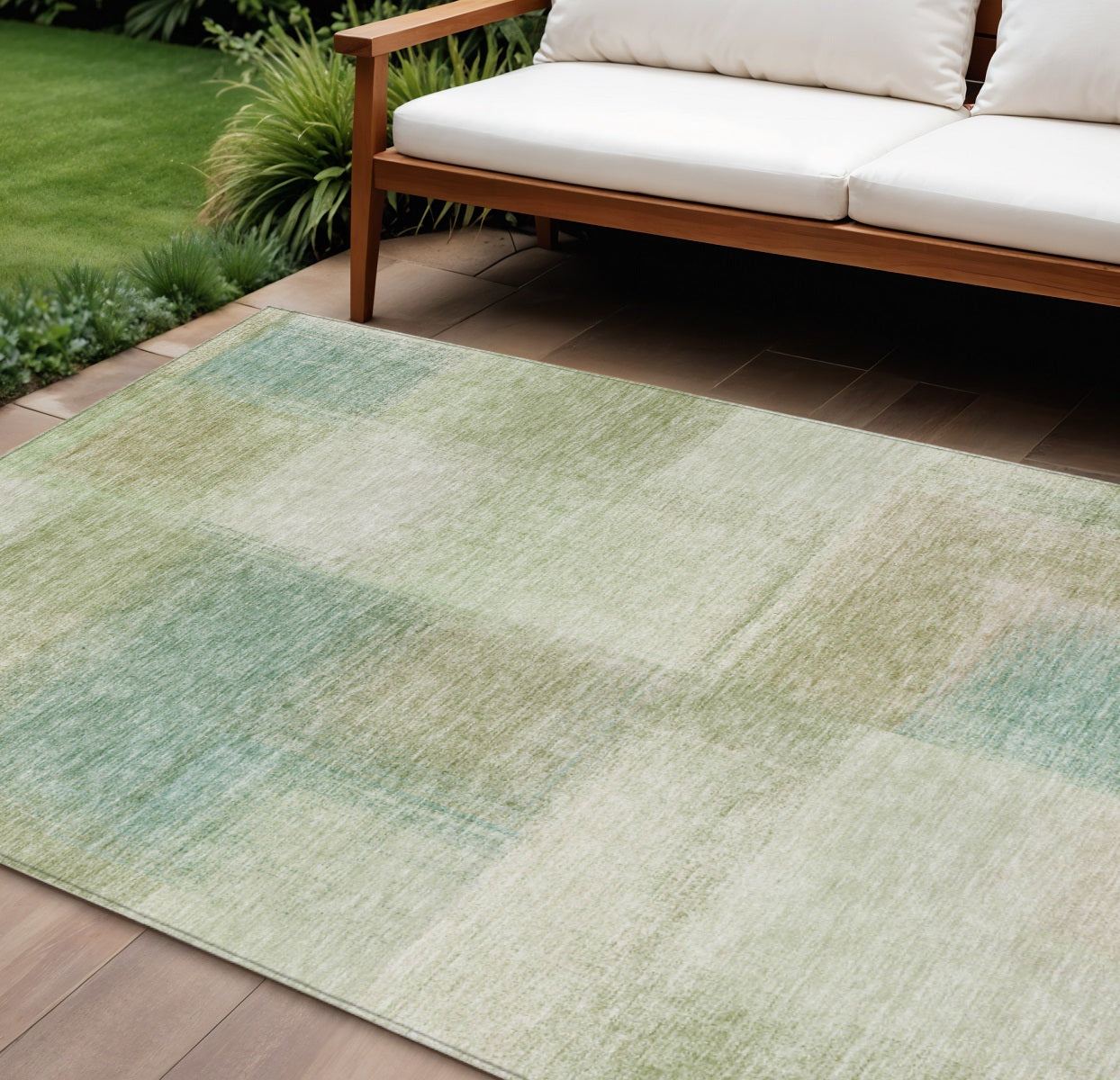 10 X 14 Artichoke Green And Beige Abstract Washable Indoor Outdoor Area Rug