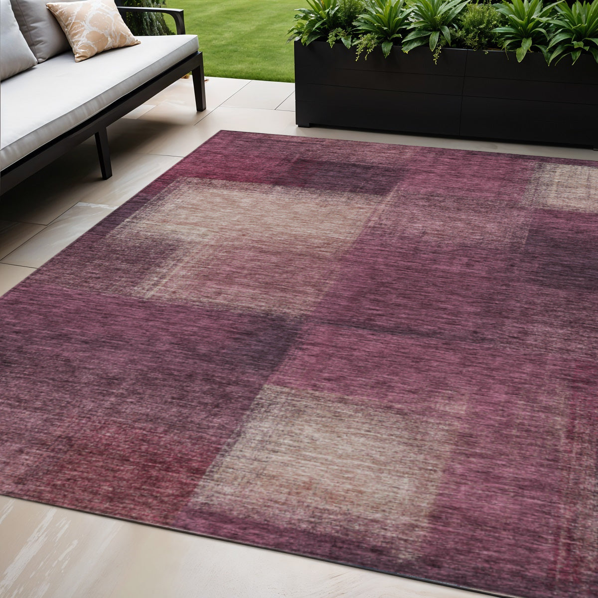 5 X 8 Plum Mauve And Beige Abstract Washable Indoor Outdoor Area Rug