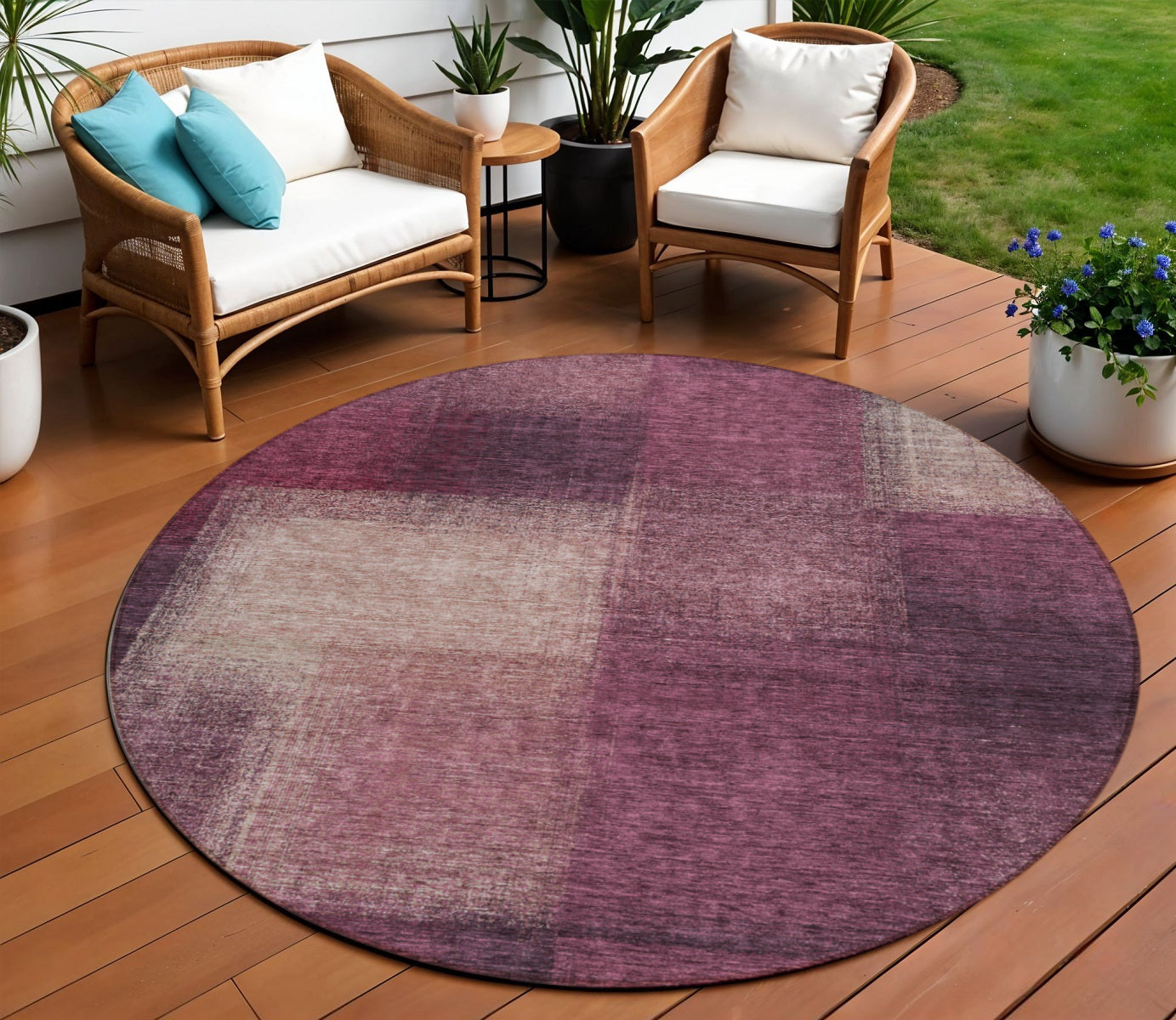8 Plum Mauve And Beige Round Abstract Washable Indoor Outdoor Area Rug
