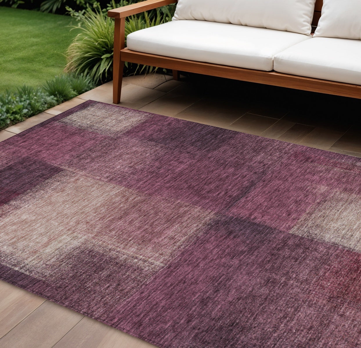 8 X 10 Plum Mauve And Beige Abstract Washable Indoor Outdoor Area Rug
