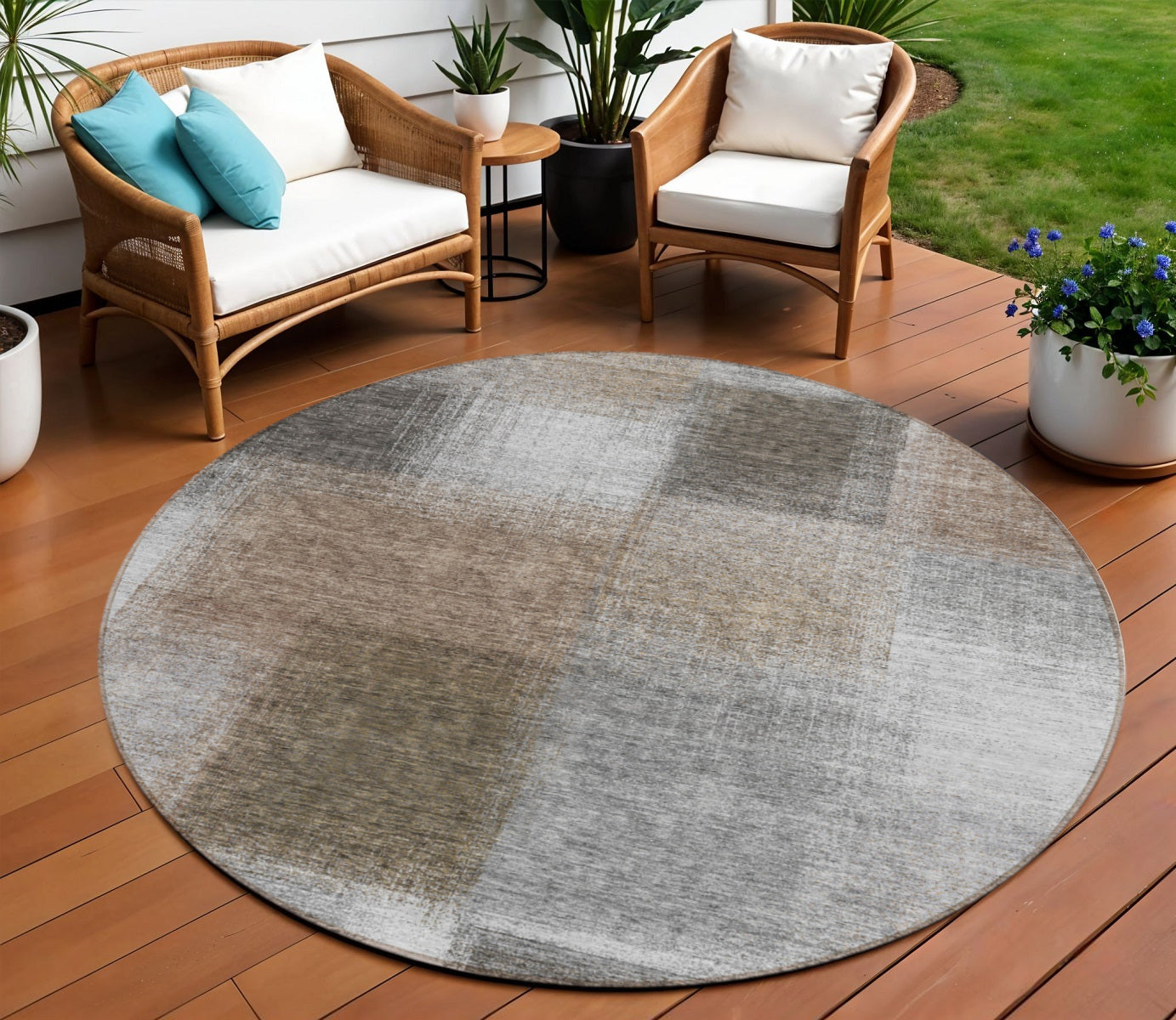 8 Silver Gray And Beige Round Abstract Washable Indoor Outdoor Area Rug