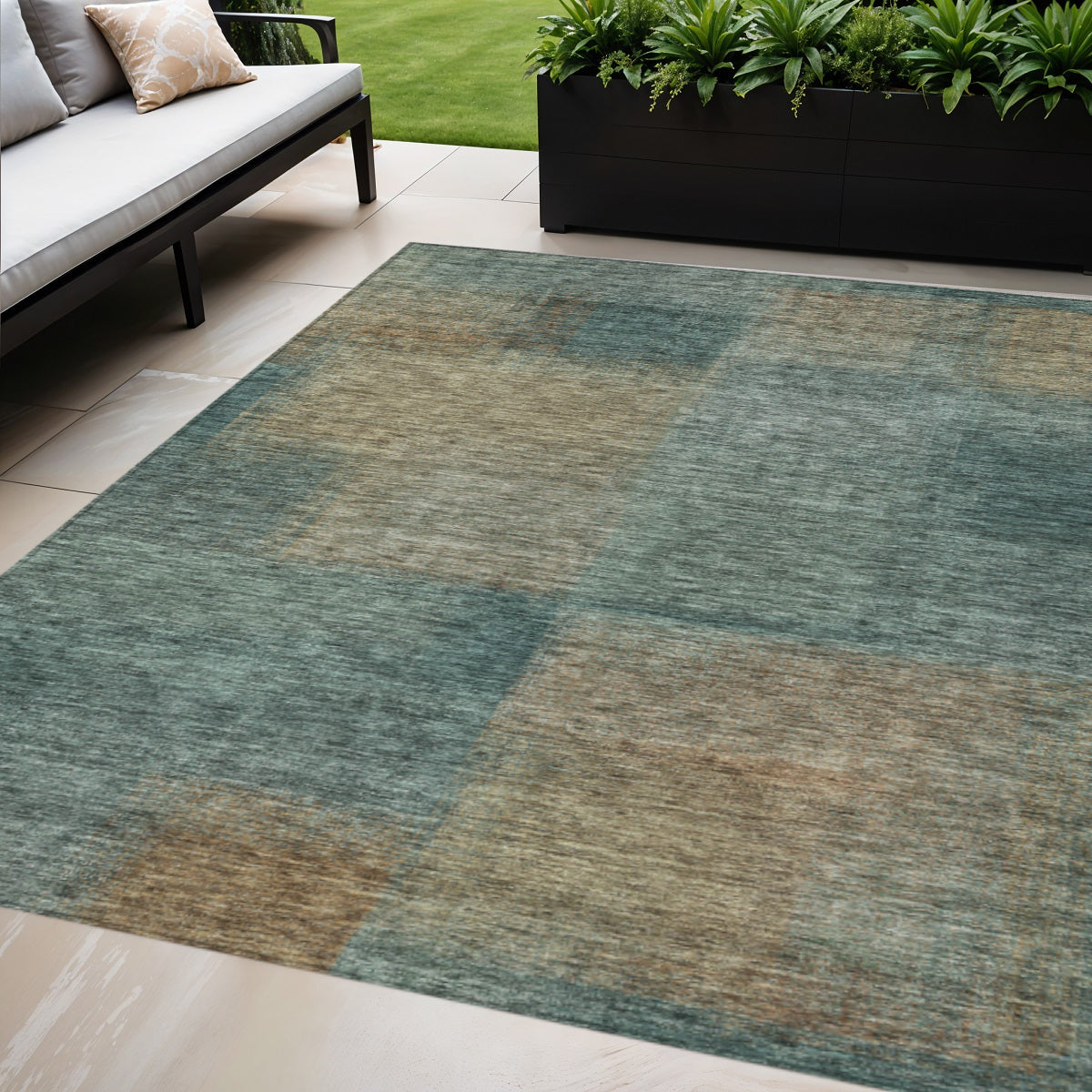 3 X 5 Teal Blue Brown And Taupe Abstract Washable Indoor Outdoor Area Rug