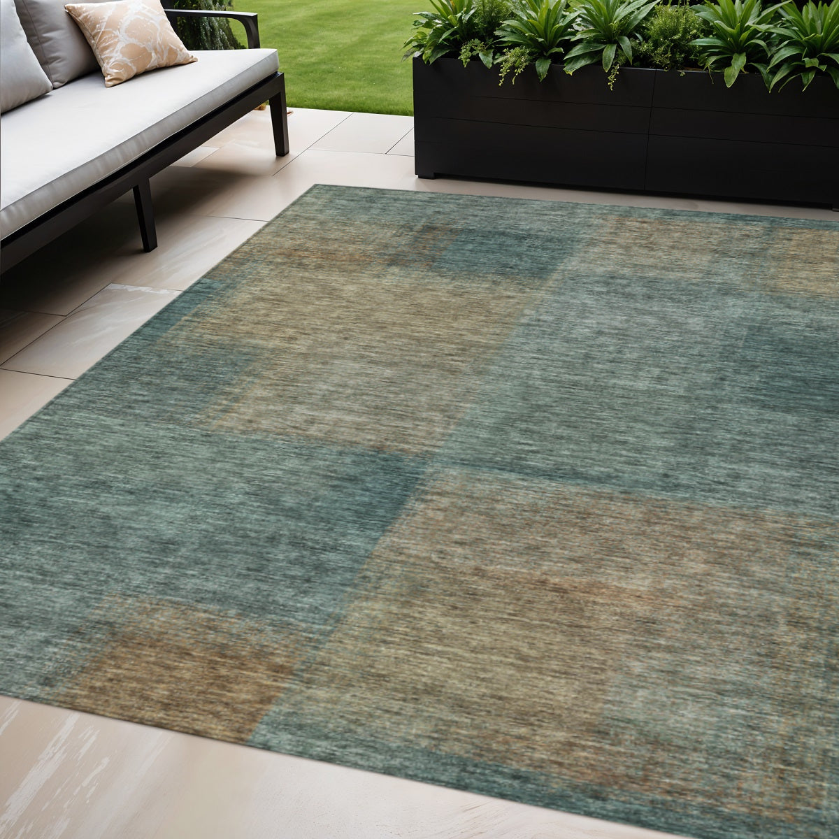 5 X 8 Teal Blue Brown And Taupe Abstract Washable Indoor Outdoor Area Rug