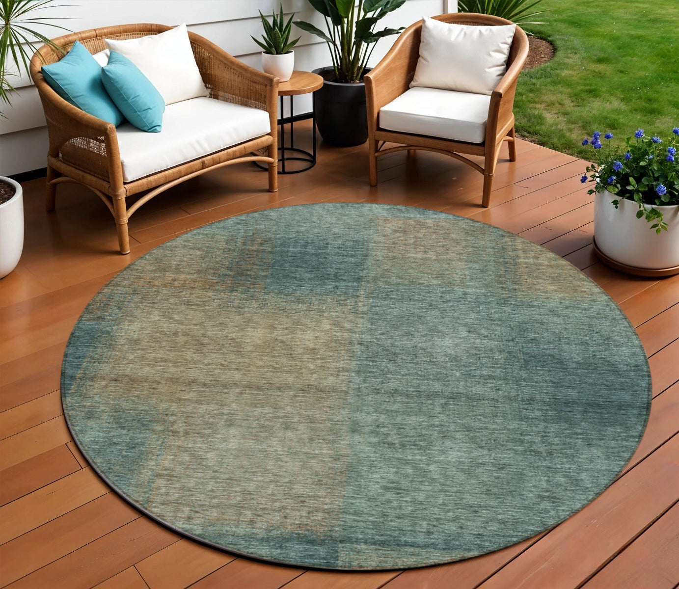 8 Teal Blue Brown And Taupe Round Abstract Washable Indoor Outdoor Area Rug