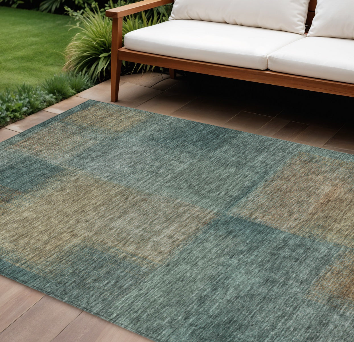 8 X 10 Teal Blue Brown And Taupe Abstract Washable Indoor Outdoor Area Rug