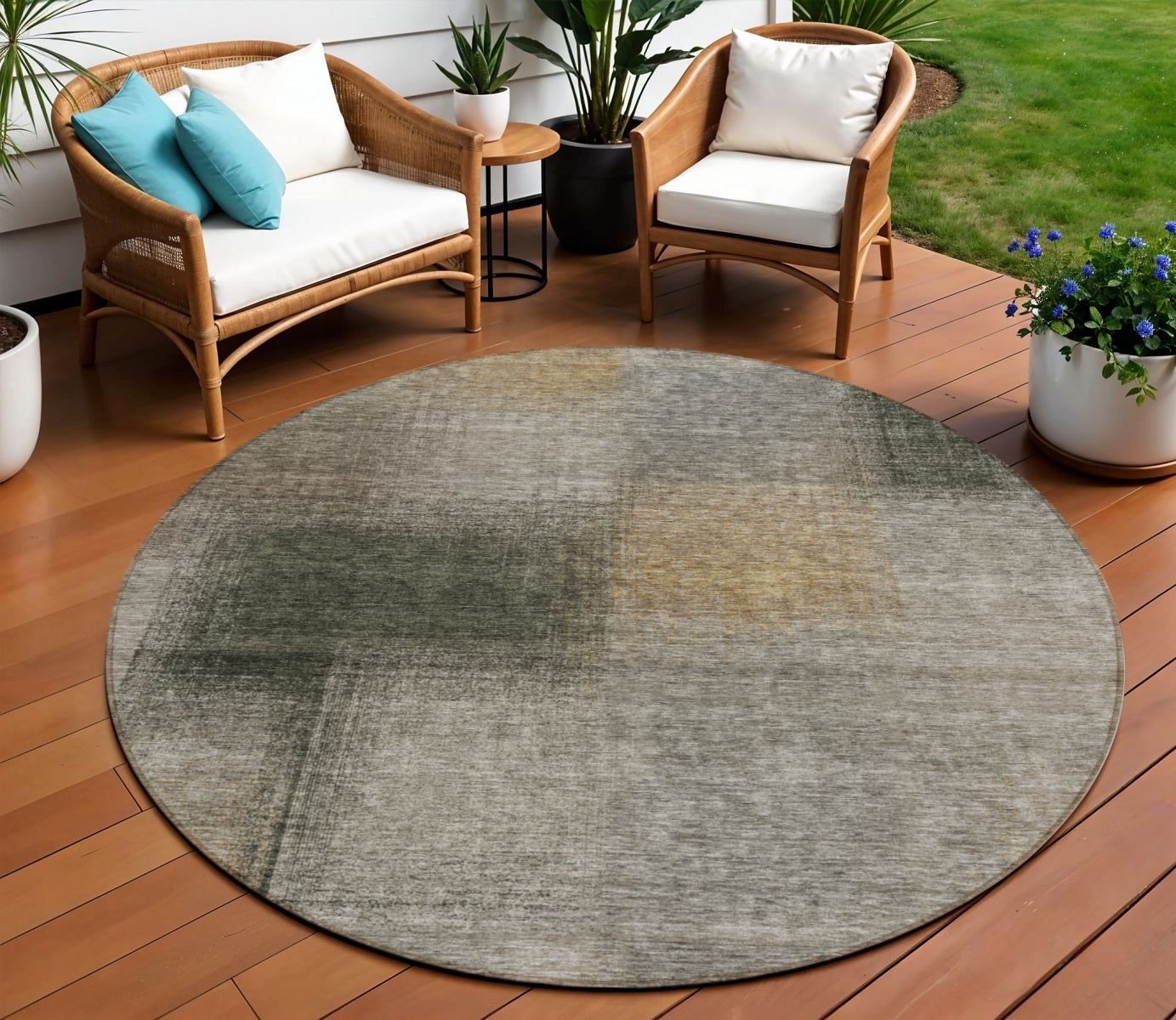 8 Taupe Gray And Beige Round Abstract Washable Indoor Outdoor Area Rug