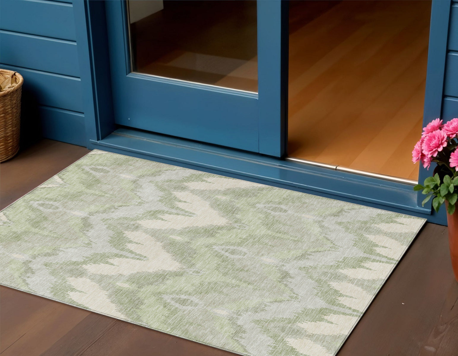 3 X 5 Artichoke Green And Beige Ikat Washable Indoor Outdoor Area Rug