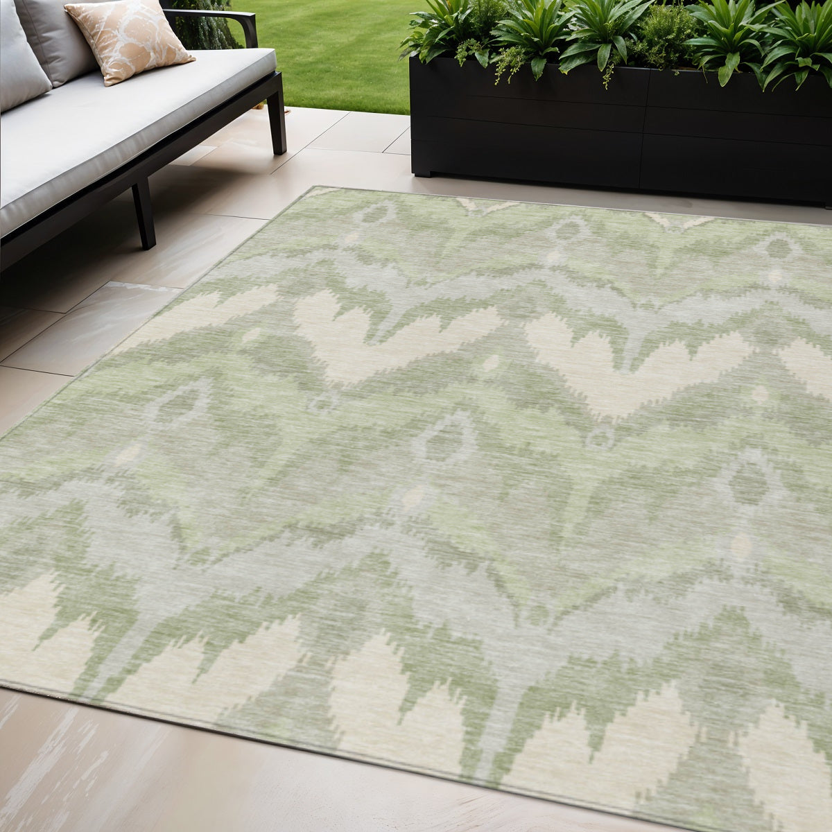 5 X 8 Artichoke Green And Beige Ikat Washable Indoor Outdoor Area Rug