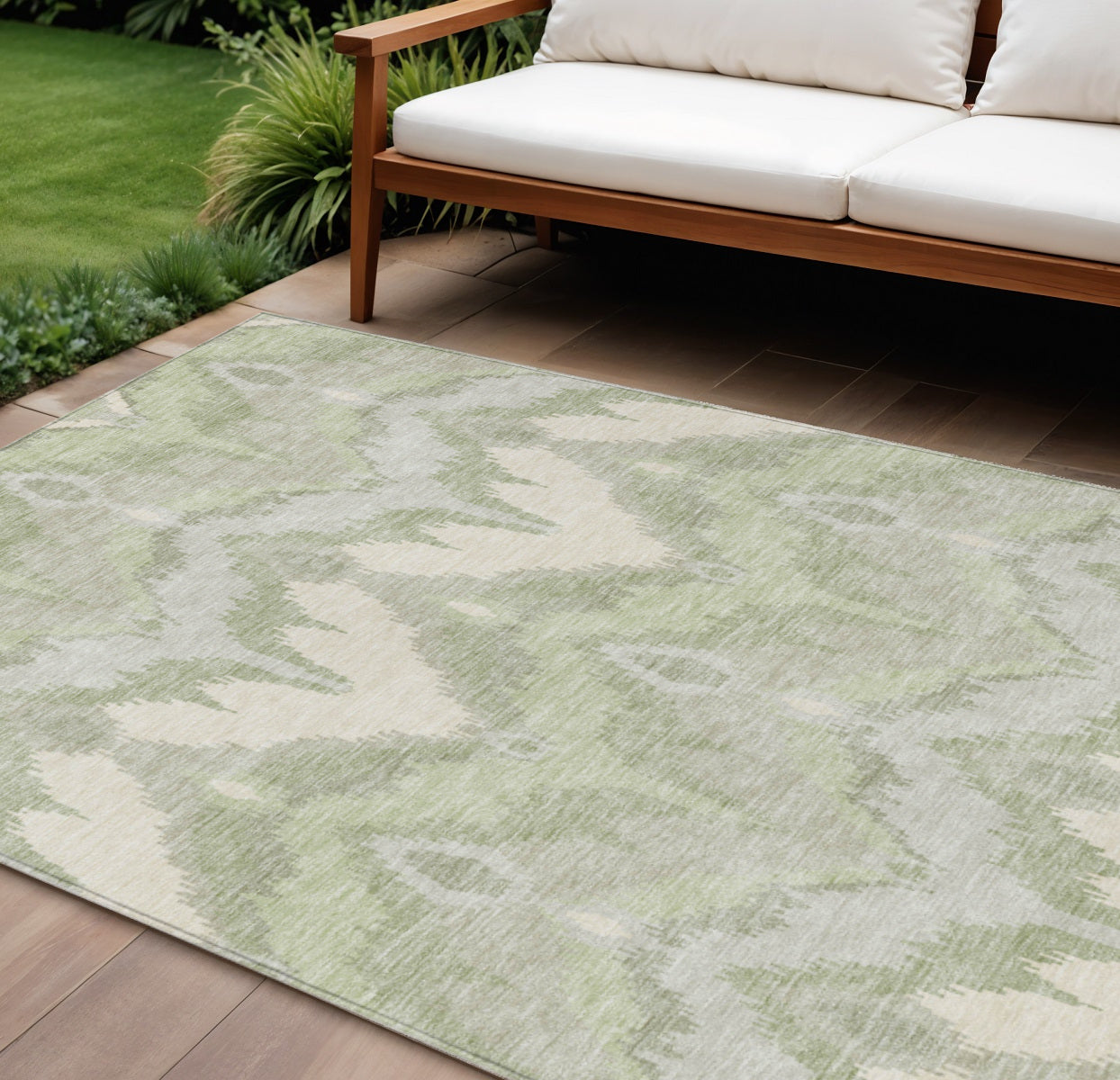 9 X 12 Artichoke Green And Beige Ikat Washable Indoor Outdoor Area Rug