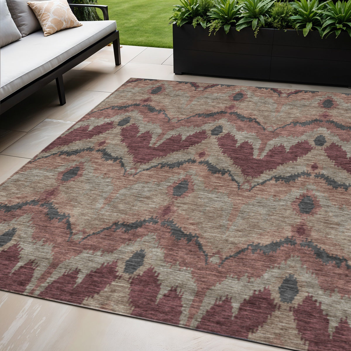 5 X 8 Burgundy Beige And Charcoal Ikat Washable Indoor Outdoor Area Rug