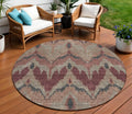 8 Burgundy Beige And Charcoal Round Ikat Washable Indoor Outdoor Area Rug