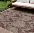10 X 14 Burgundy Beige And Charcoal Ikat Washable Indoor Outdoor Area Rug