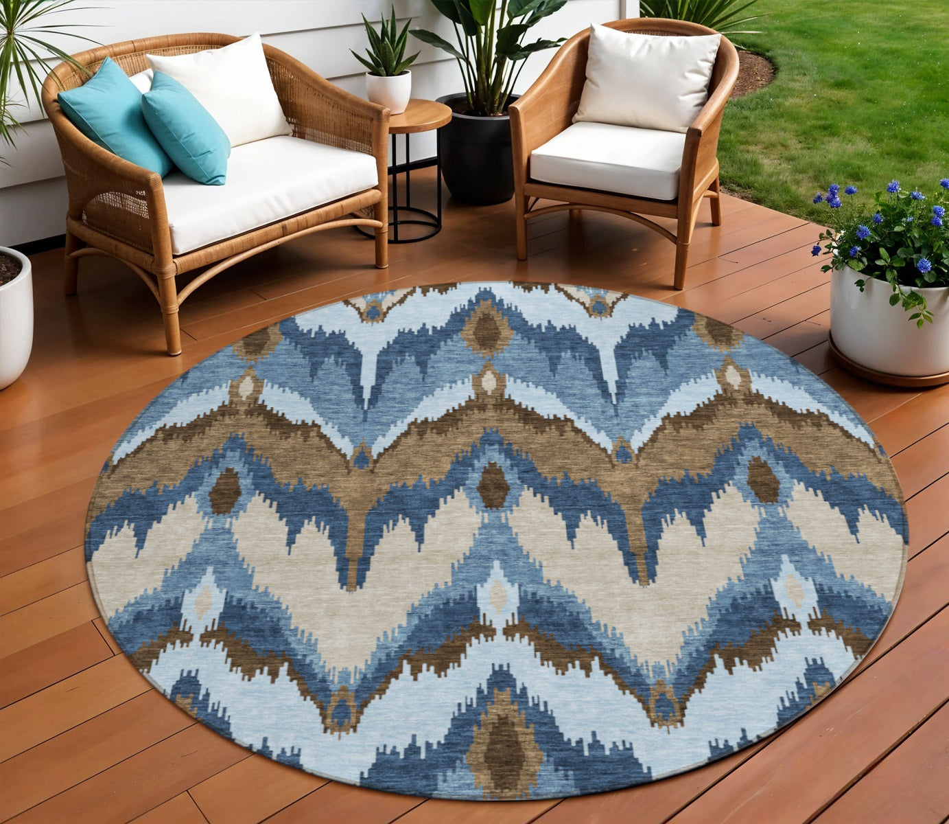 8 Denim Blue And Sky Blue Round Ikat Washable Indoor Outdoor Area Rug