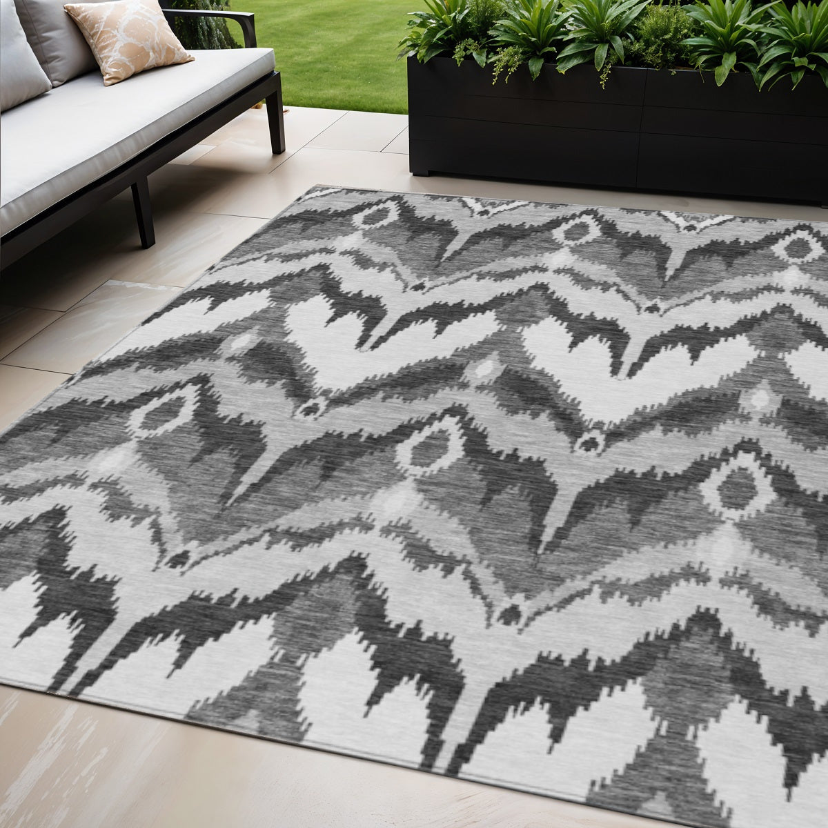 5 X 8 Gray Silver And Charcoal Ikat Washable Indoor Outdoor Area Rug