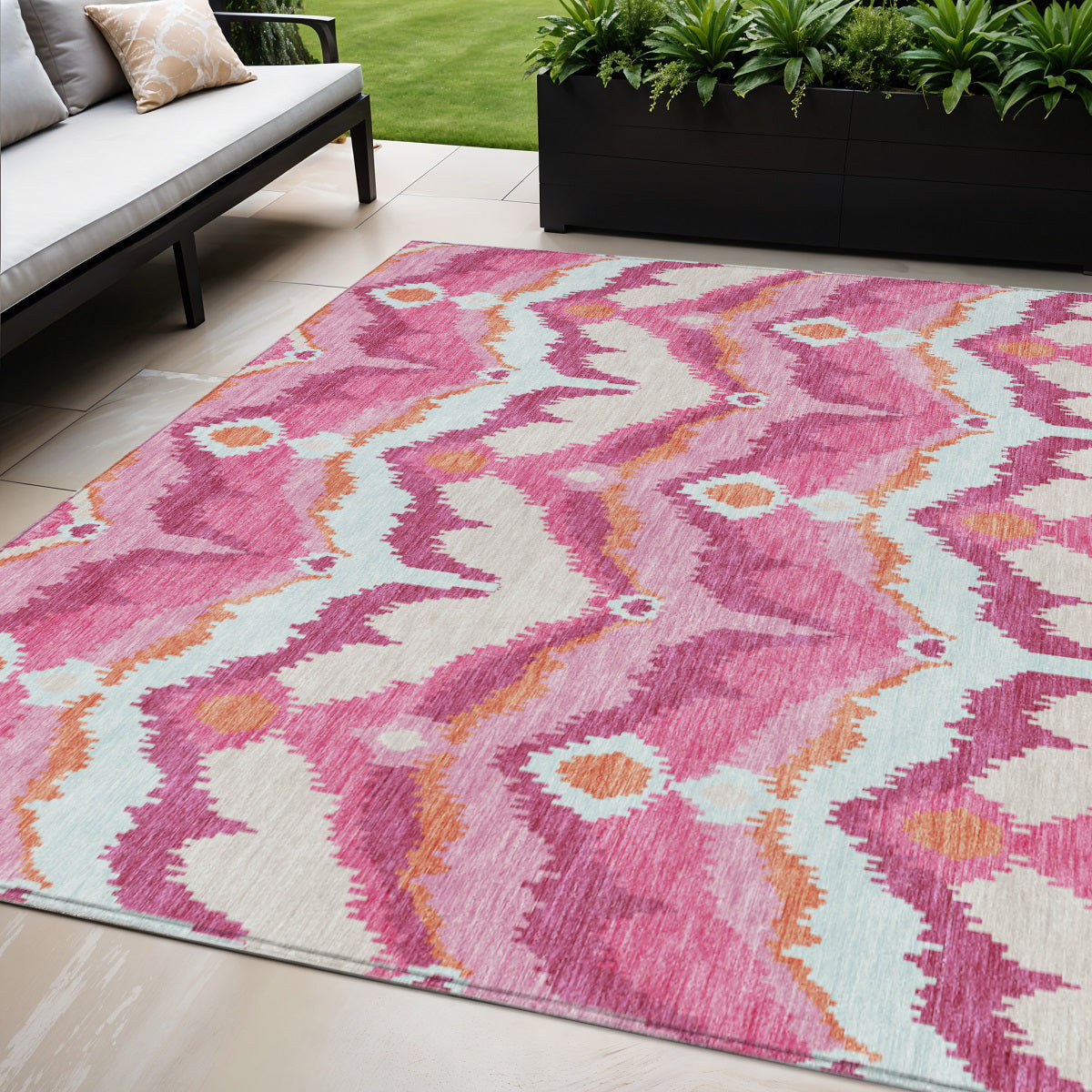 5 X 8 Pink Mauve And Orange Ikat Washable Indoor Outdoor Area Rug