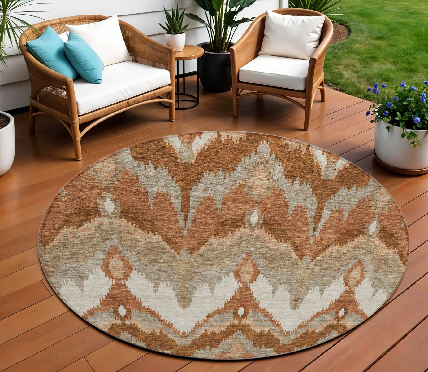 8 Orange Beige And Copper Round Ikat Washable Indoor Outdoor Area Rug