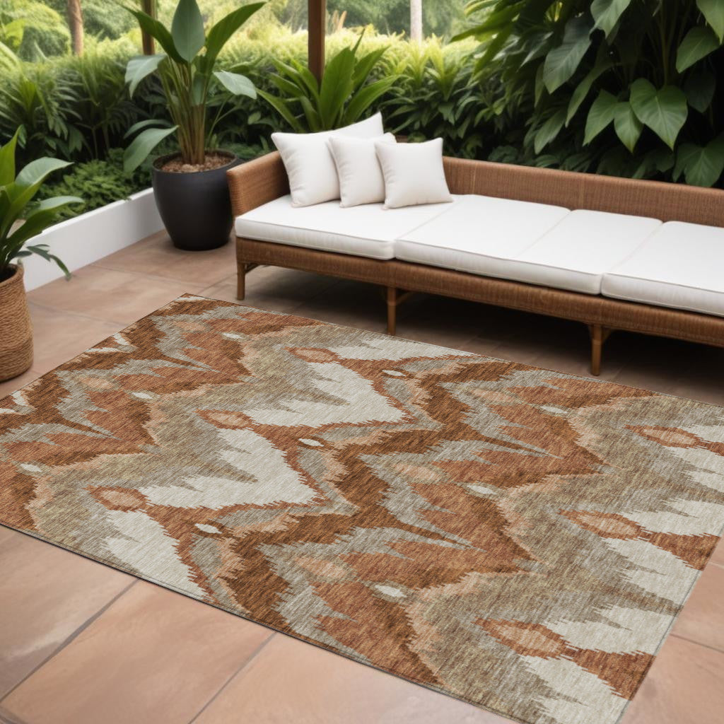 9 X 12 Orange Beige And Copper Ikat Washable Indoor Outdoor Area Rug