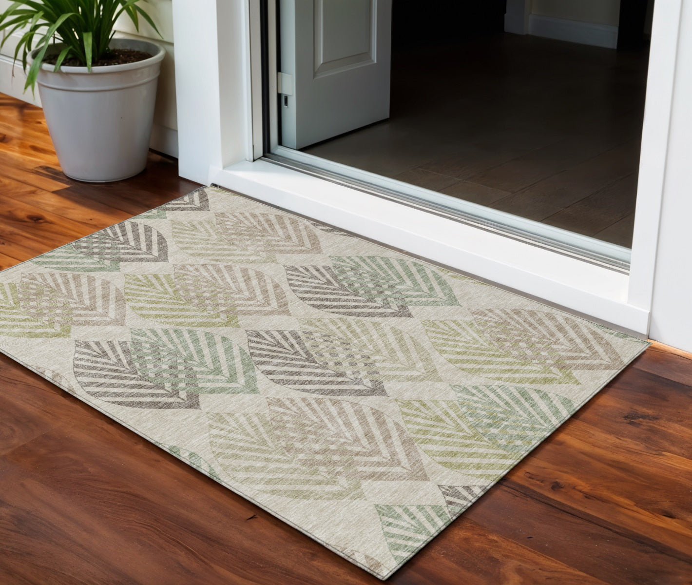 3 X 5 Beige Taupe And Artichoke Green Floral Washable Indoor Outdoor Area Rug