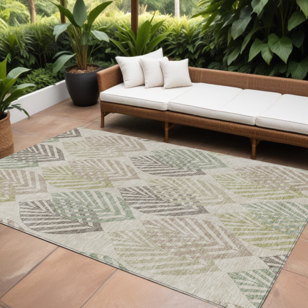 10 X 14 Beige Taupe And Artichoke Green Floral Washable Indoor Outdoor Area Rug