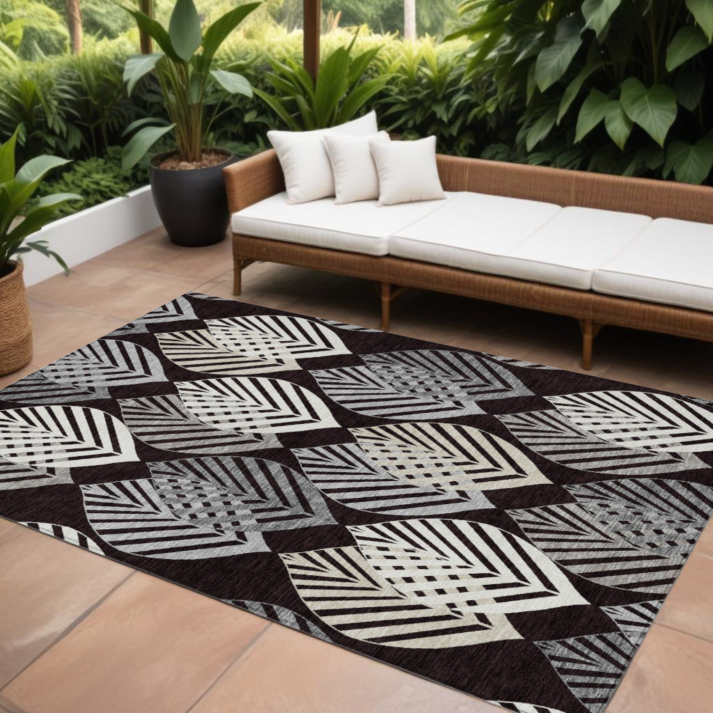 8 X 10 Black Silver And Charcoal Floral Washable Indoor Outdoor Area Rug
