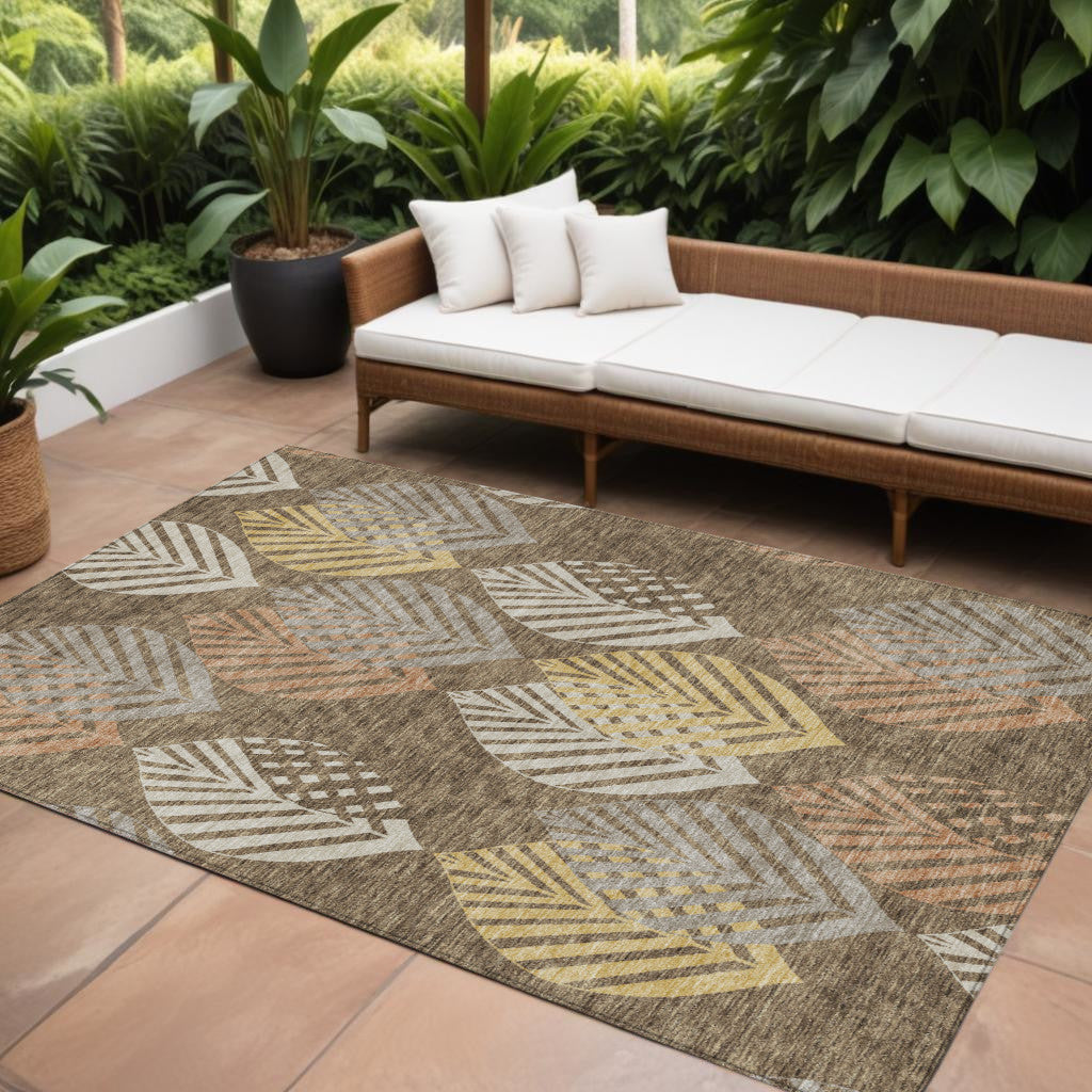 10 X 14 Chocolate Beige And Gray Floral Washable Indoor Outdoor Area Rug