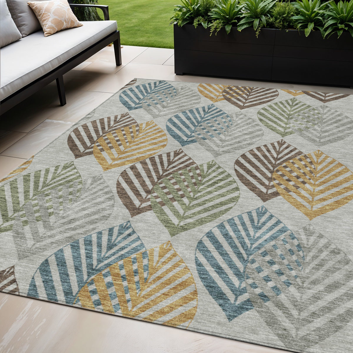 5 X 8 Gray Silver And Teal Blue Floral Washable Indoor Outdoor Area Rug