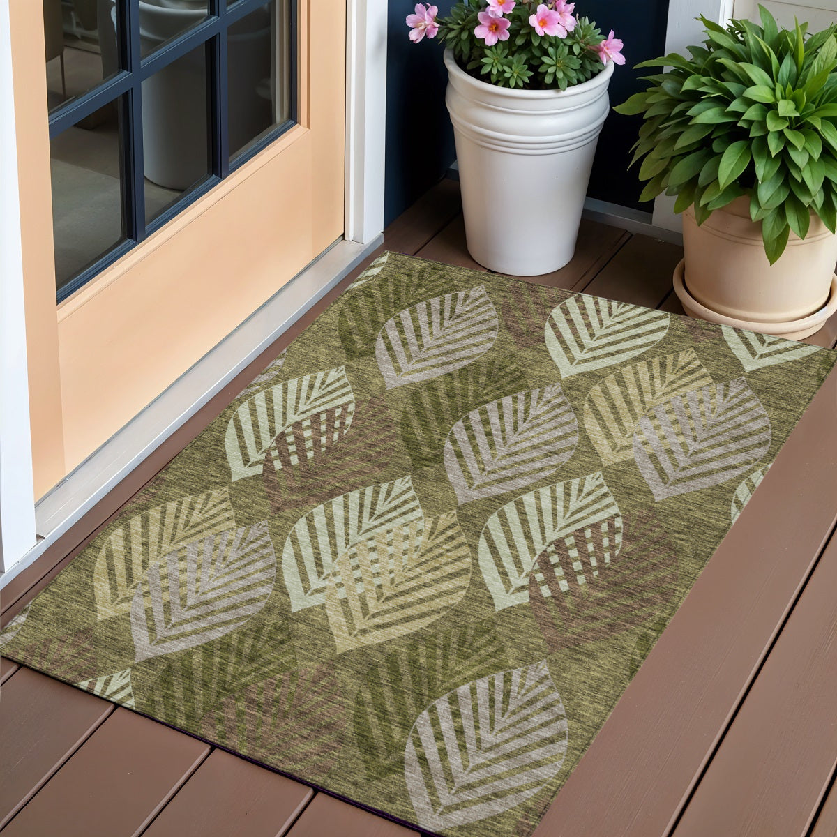 3 X 5 Olive Green Artichoke Green And Gray Floral Washable Indoor Outdoor Area Rug