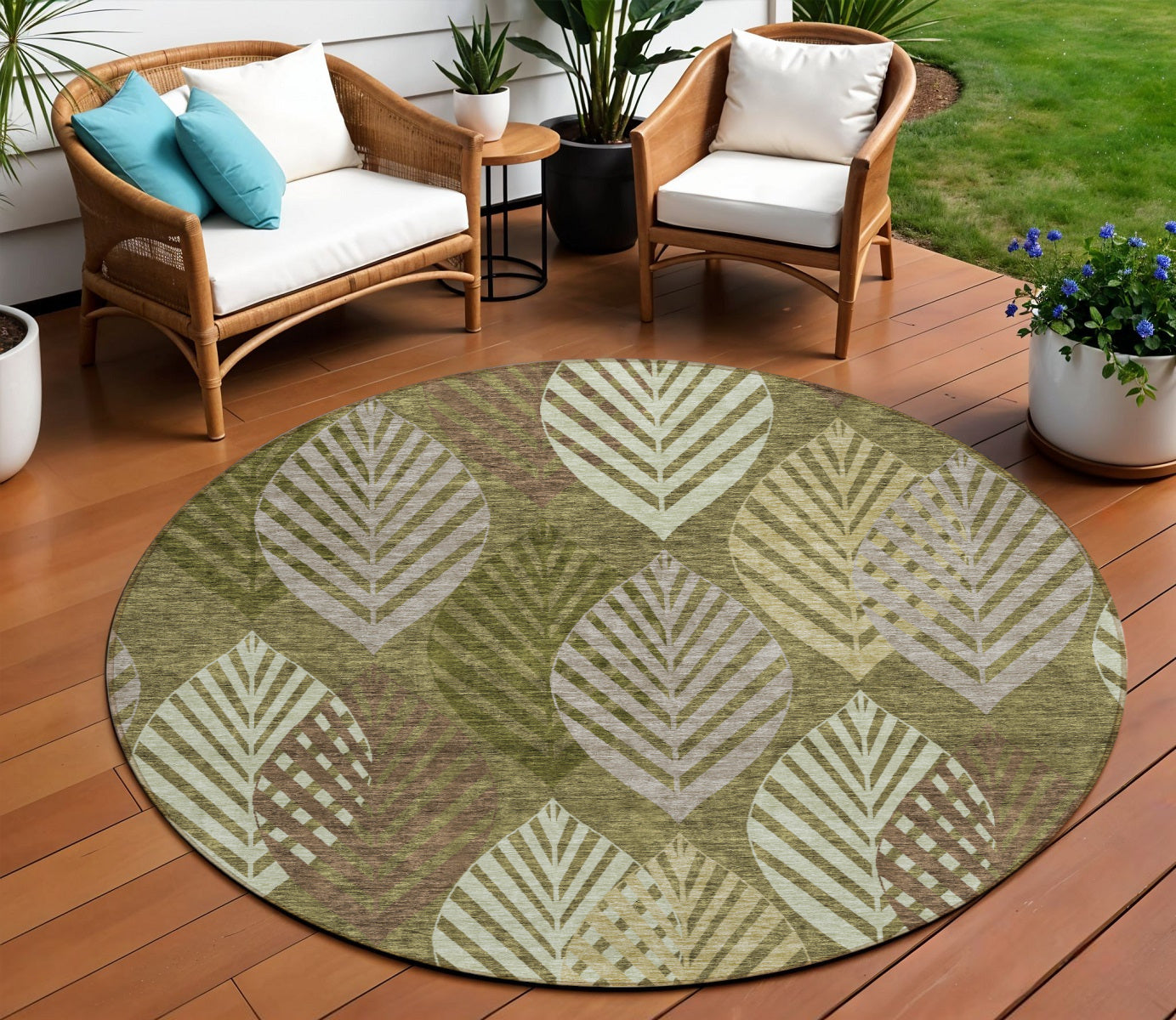 8 Olive Green Artichoke Green And Gray Round Floral Washable Indoor Outdoor Area Rug