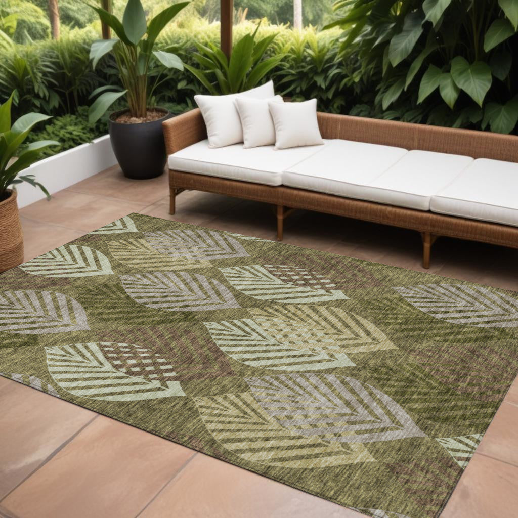 10 X 14 Olive Green Artichoke Green And Gray Floral Washable Indoor Outdoor Area Rug
