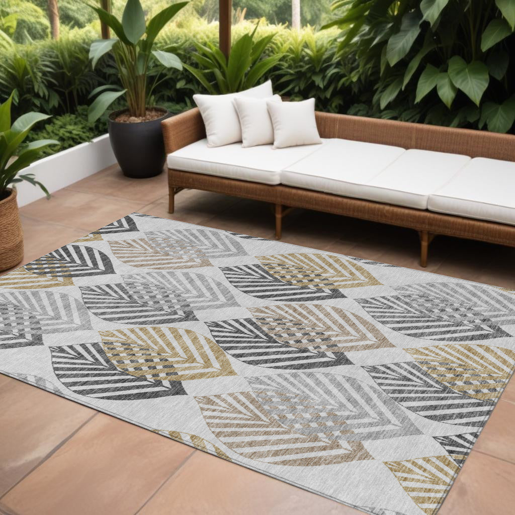 10 X 14 Silver Gray And Gold Floral Washable Indoor Outdoor Area Rug