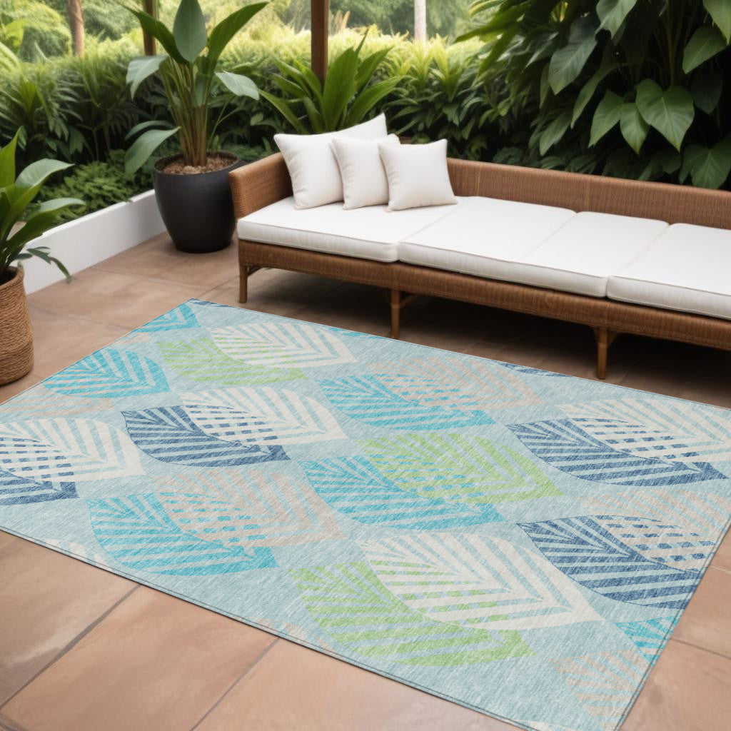 9 X 12 Teal Blue Aqua And Navy Blue Floral Washable Indoor Outdoor Area Rug