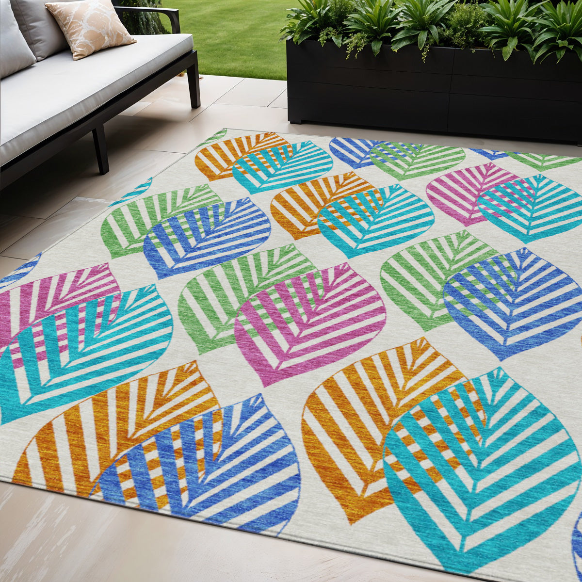 5 X 8 White Orange And Blue Floral Washable Indoor Outdoor Area Rug