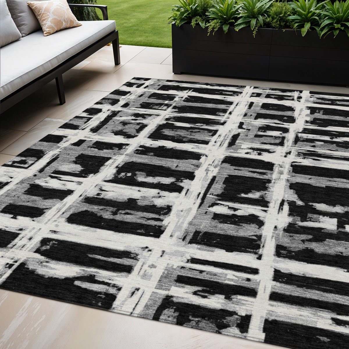 5 X 8 Black Gray And Silver Striped Washable Indoor Outdoor Area Rug