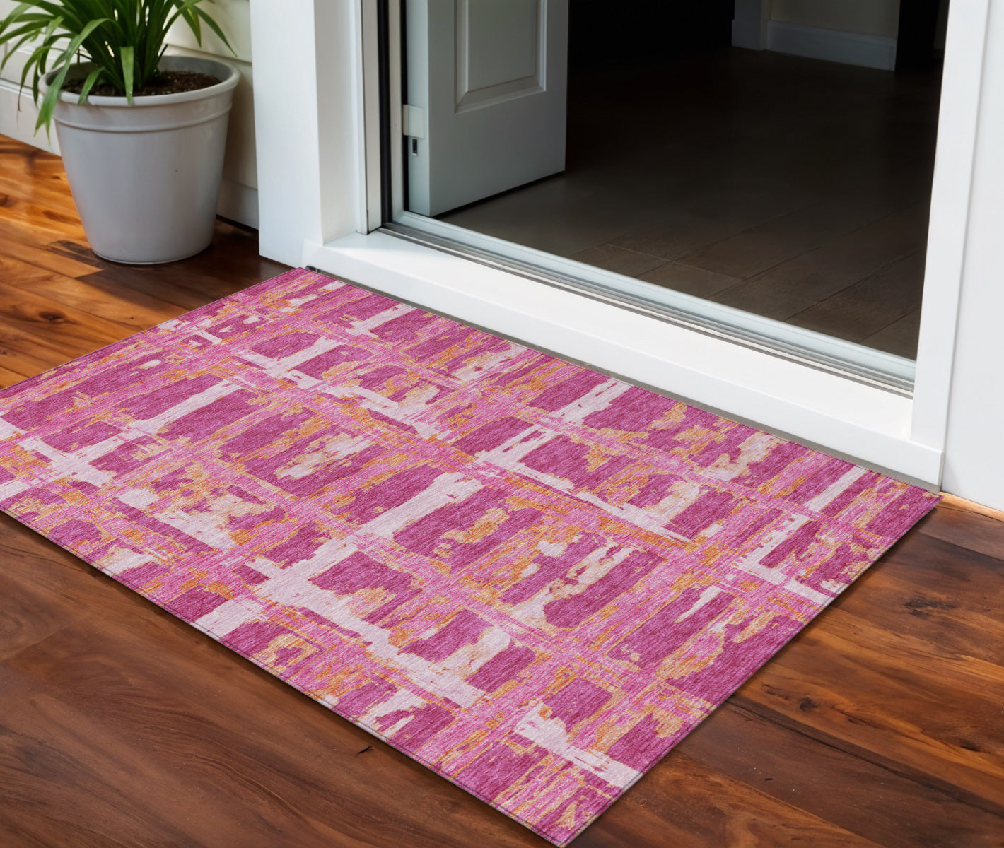 3 X 5 Blush Pink And Orange Striped Washable Indoor Outdoor Area Rug