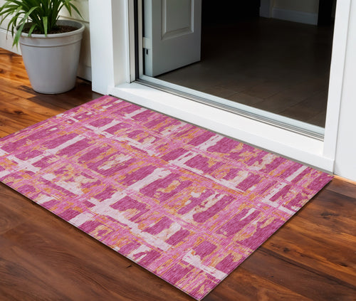 3 X 5 Blush Pink And Orange Striped Washable Indoor Outdoor Area Rug