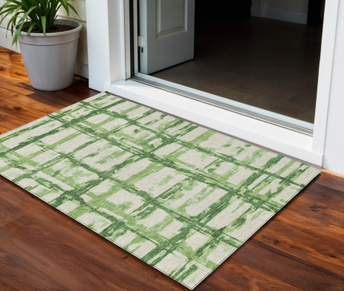 3 X 5 Artichoke Green And Emerald Striped Washable Indoor Outdoor Area Rug