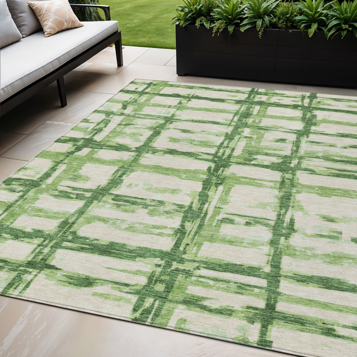 5 X 8 Artichoke Green And Emerald Striped Washable Indoor Outdoor Area Rug