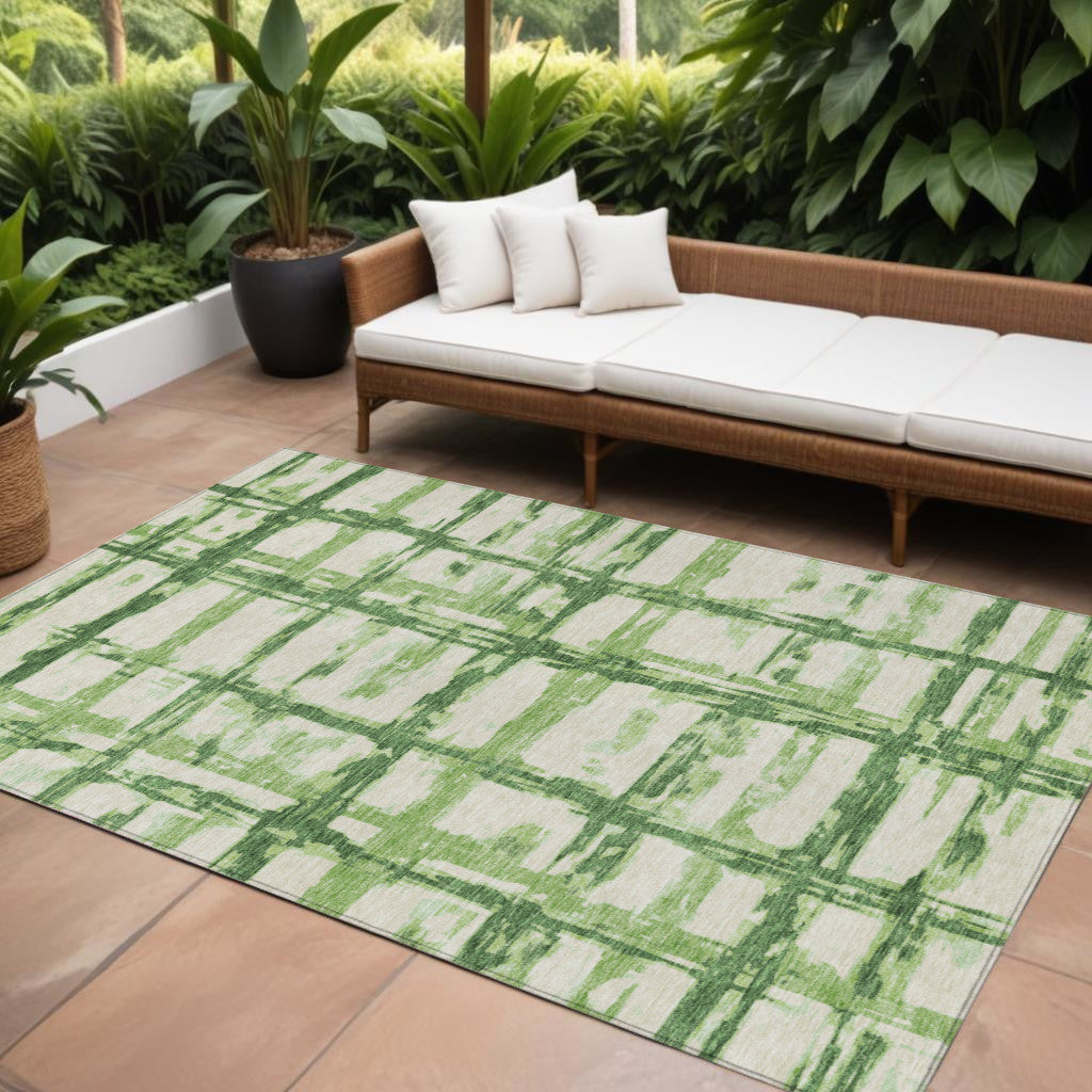 10 X 14 Artichoke Green And Emerald Striped Washable Indoor Outdoor Area Rug