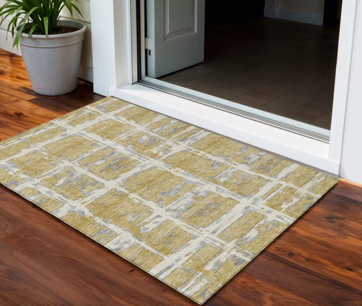 3 X 5 Gold Beige And Gray Striped Washable Indoor Outdoor Area Rug