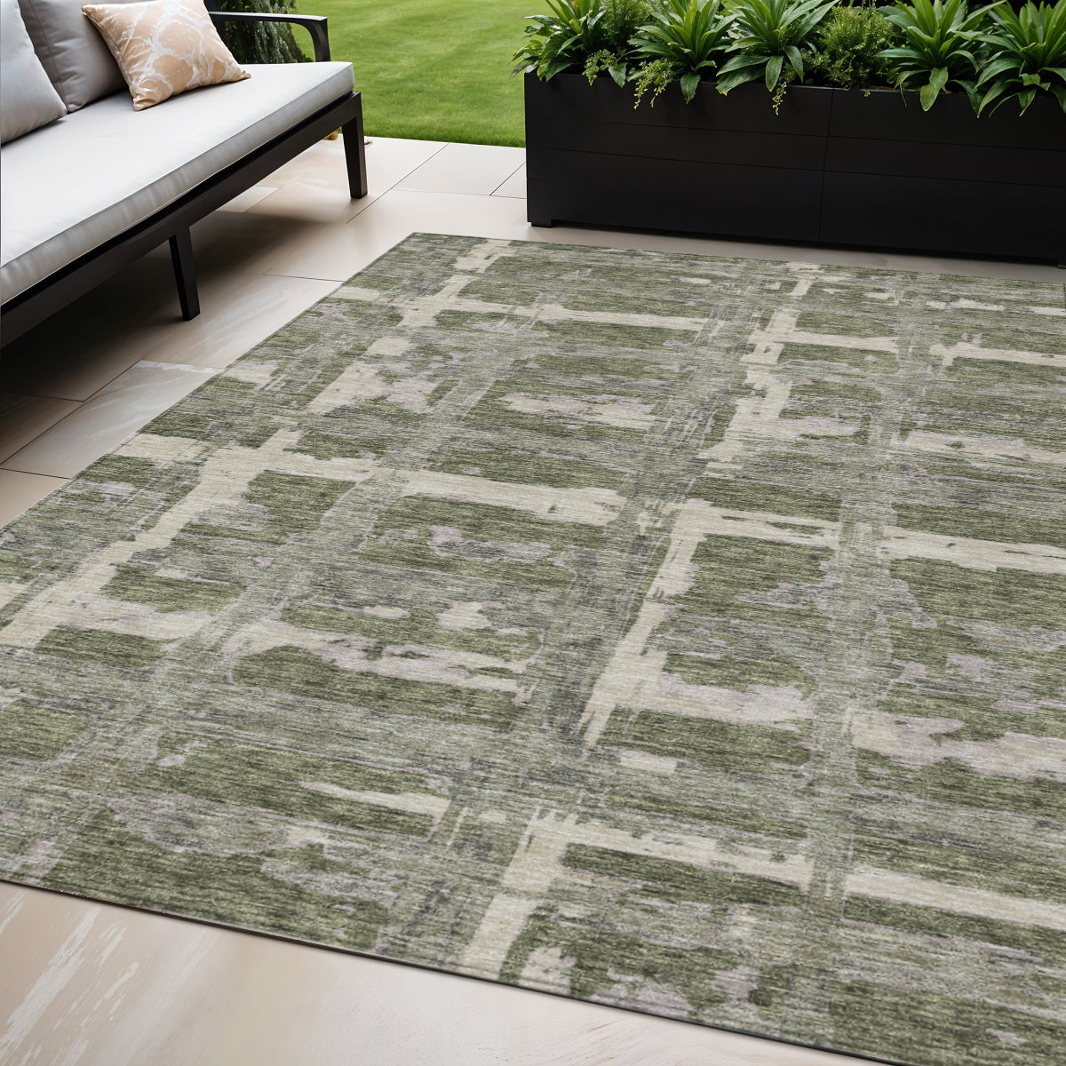 5 X 8 Olive Green Gray And Beige Striped Washable Indoor Outdoor Area Rug